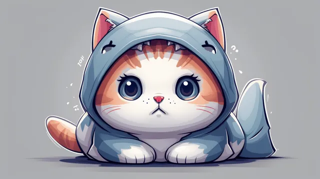 A kitten wearing a shark hoodie lies down, showing wide eyes and a small smile in an anime illustration.