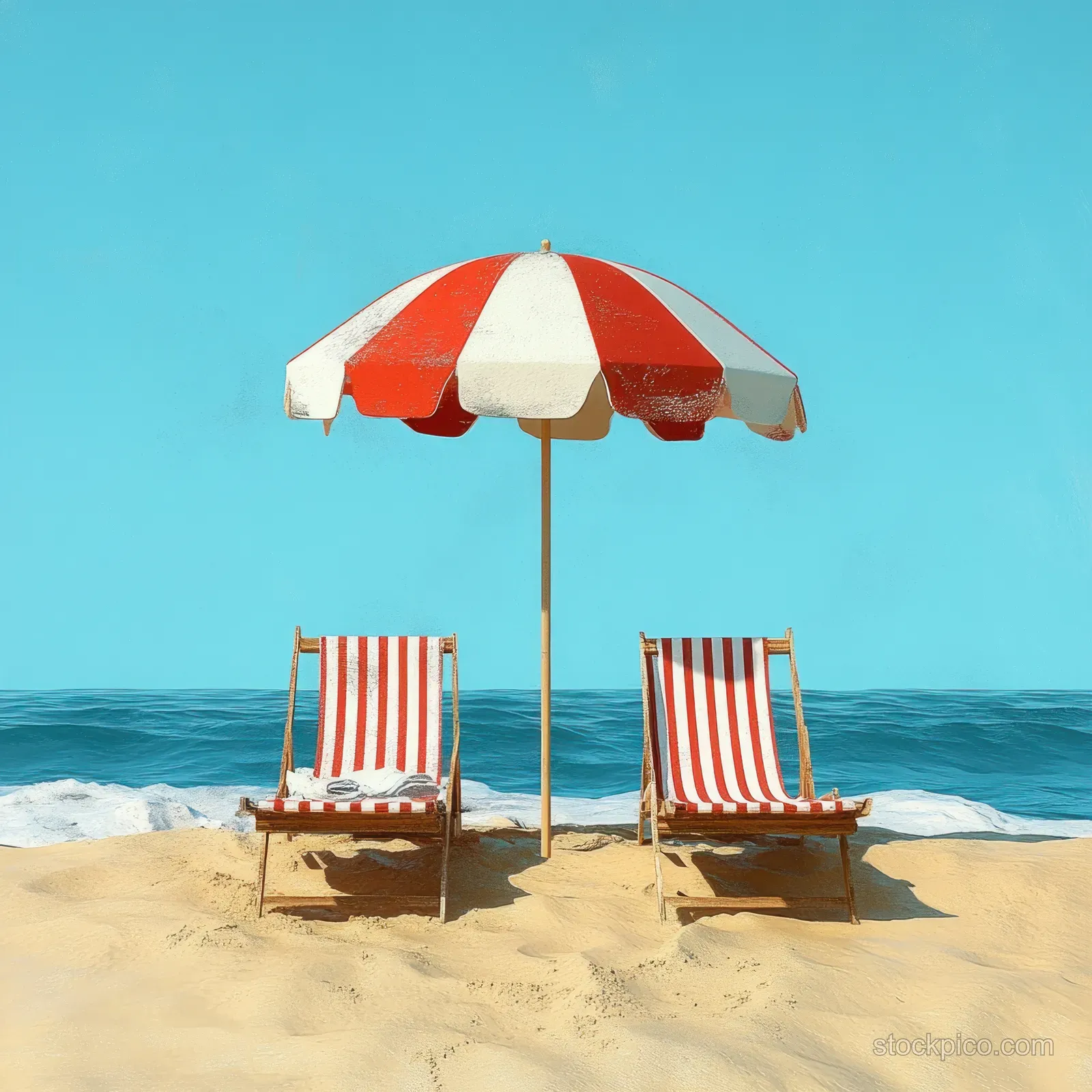 A red and white umbrella stands over two striped beach chairs on sand beside the ocean under a blue sky.