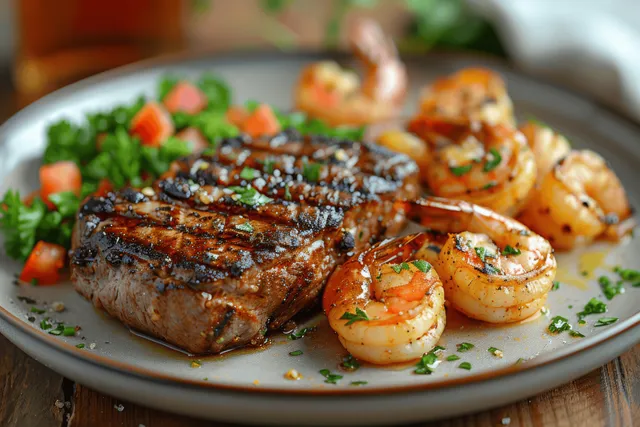 Grilled steak and shrimp platter on a rustic plate with herbs and char marks