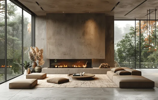 Minimalist living room with beige sectional seating and a lit fireplace against concrete walls.