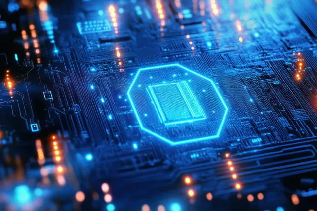 A close-up of a futuristic microchip circuit board with glowing blue and orange pathways and intricate electronic components.
