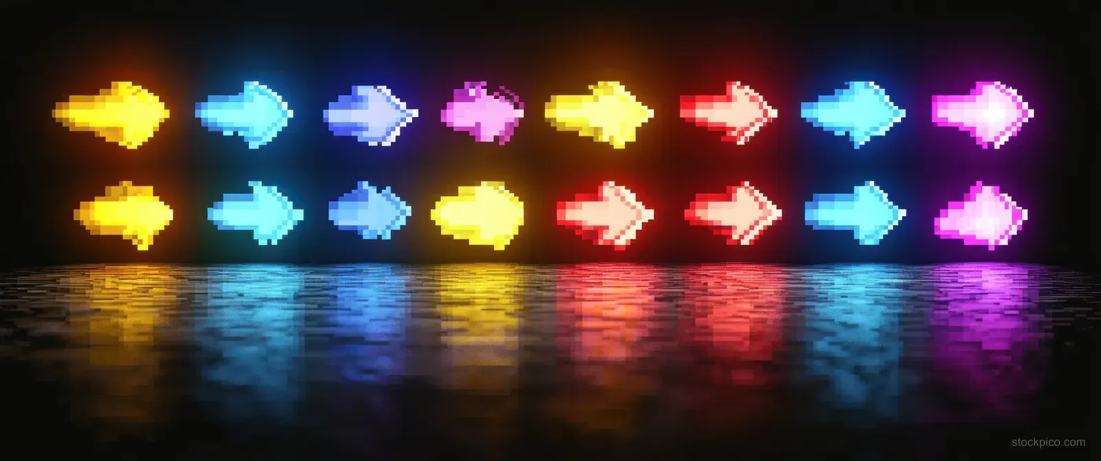 Colorful neon pixelated arrows pointing left and right glow over a glossy black surface with mirrored reflections.