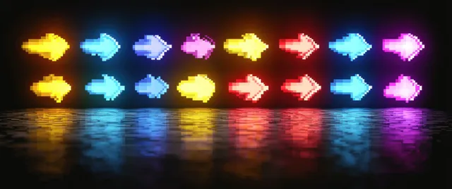 Neon pixel arrow signs pointing left and right over glossy black reflection