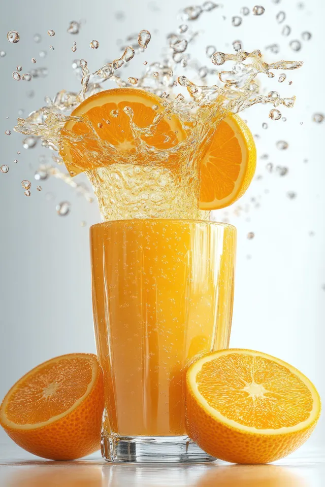 A glass of orange juice splashes with floating orange slices and droplets against a white background.