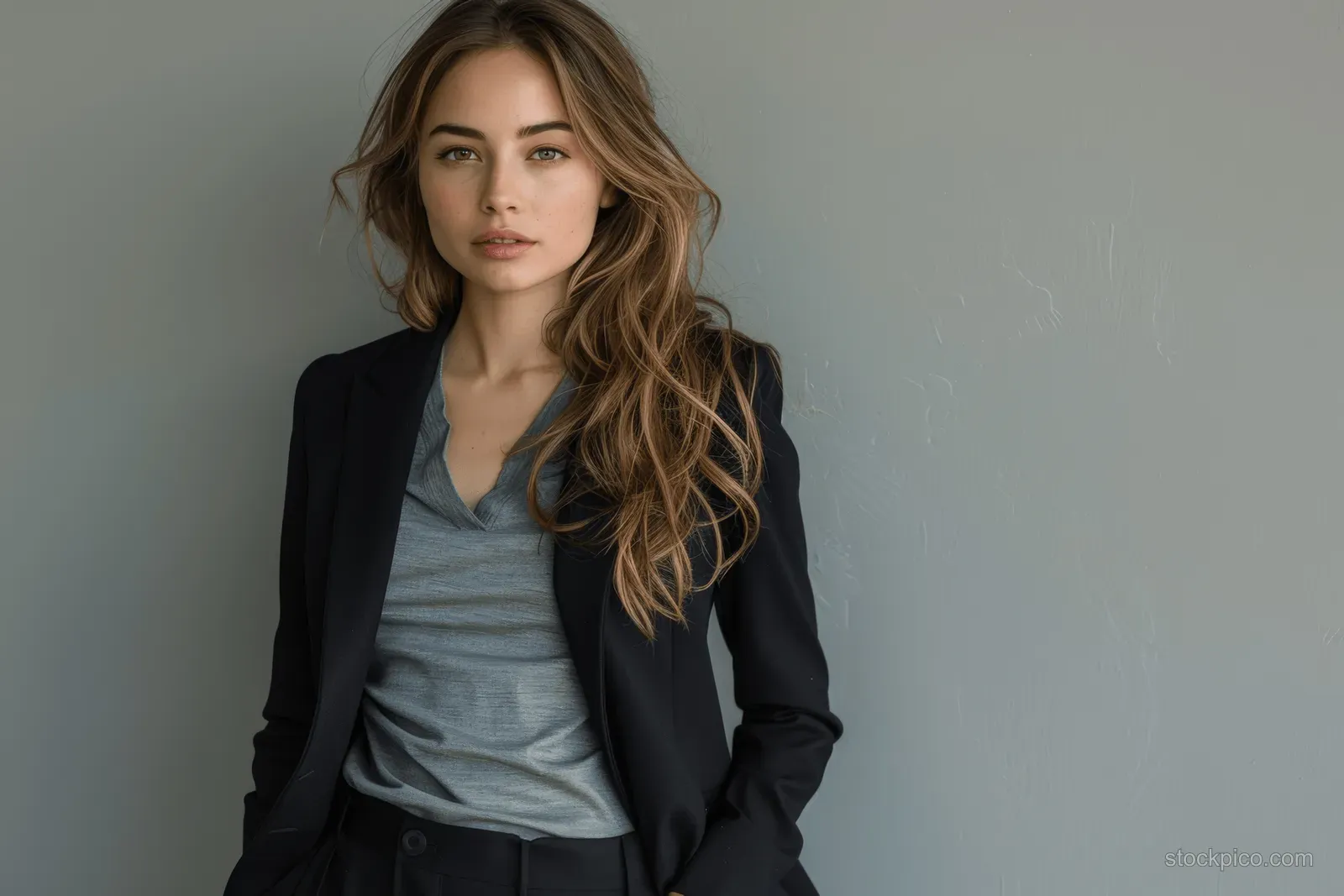 Businesswoman in a black blazer and pants suit poses against a seamless gray studio background.