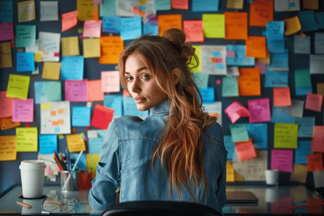 Woman in denim jacket sits at desk, surrounded by colorful sticky notes planning ideas
