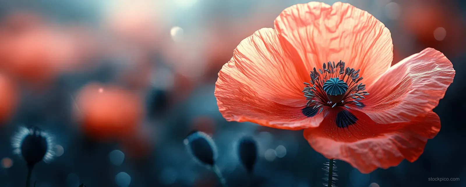 Red poppy flower close-up with dark blue center and soft bokeh lights in a blurred garden background.