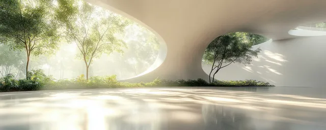 A bright minimalist room shows circular openings revealing sunlit trees and green foliage inside.