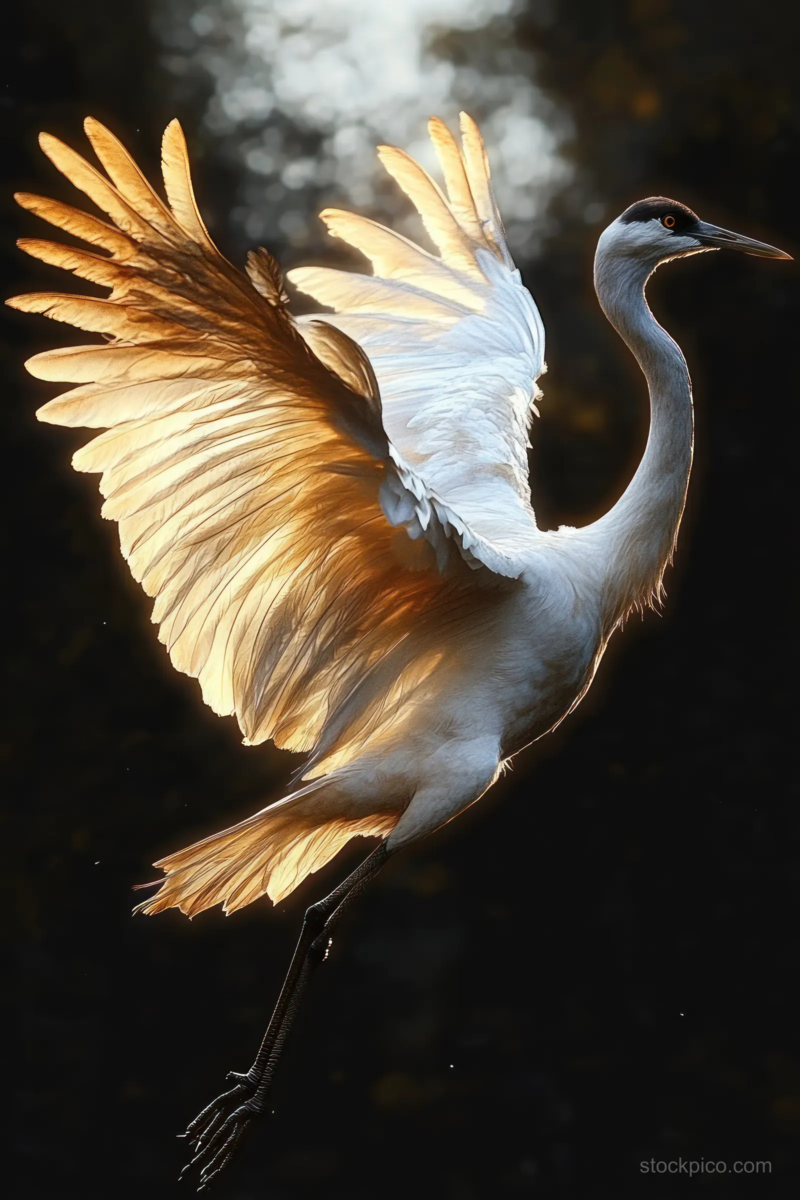 A white heron in mid-flight with fully spread wings, glowing feathers against a dark background.