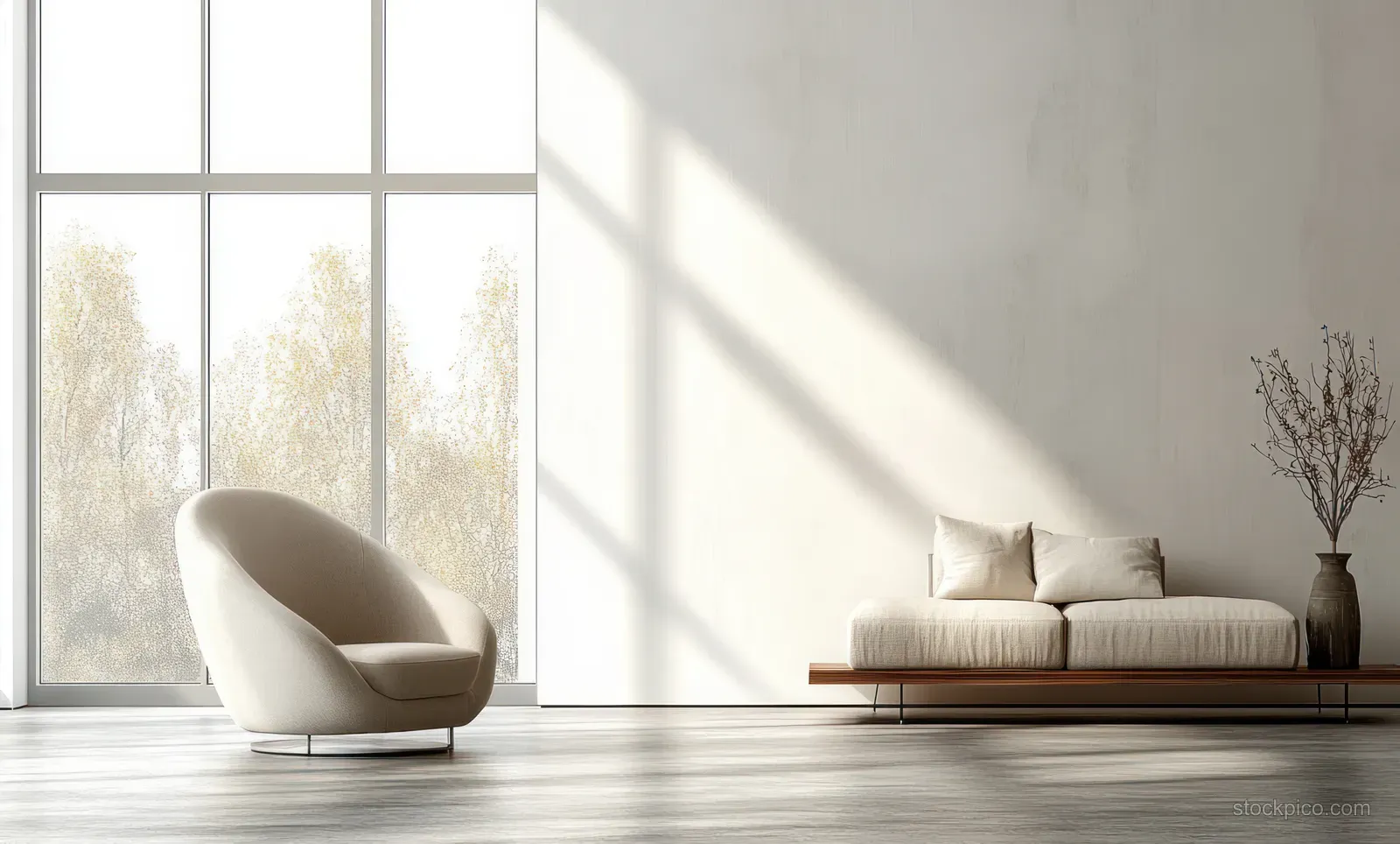 Cozy light armchair and minimal sofa sit in a bright Scandinavian living room under large white-framed windows.