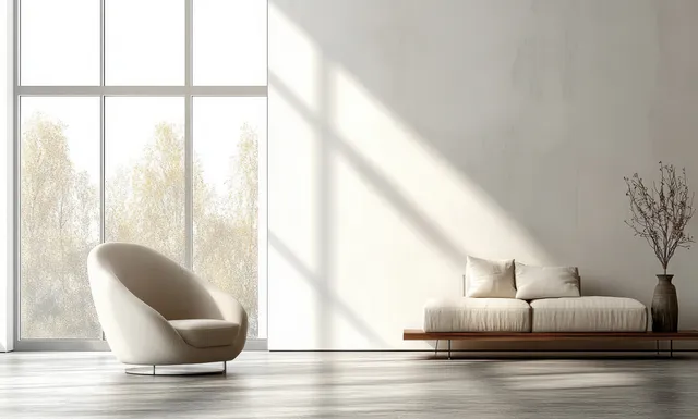 Cozy light armchair and minimal sofa sit in a bright Scandinavian living room under large white-framed windows.
