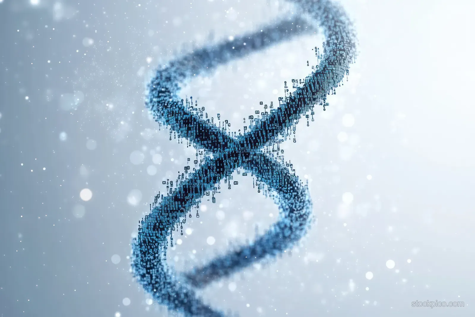 Glowing DNA helix shaped from binary digits floats over a light background with scattered particles.