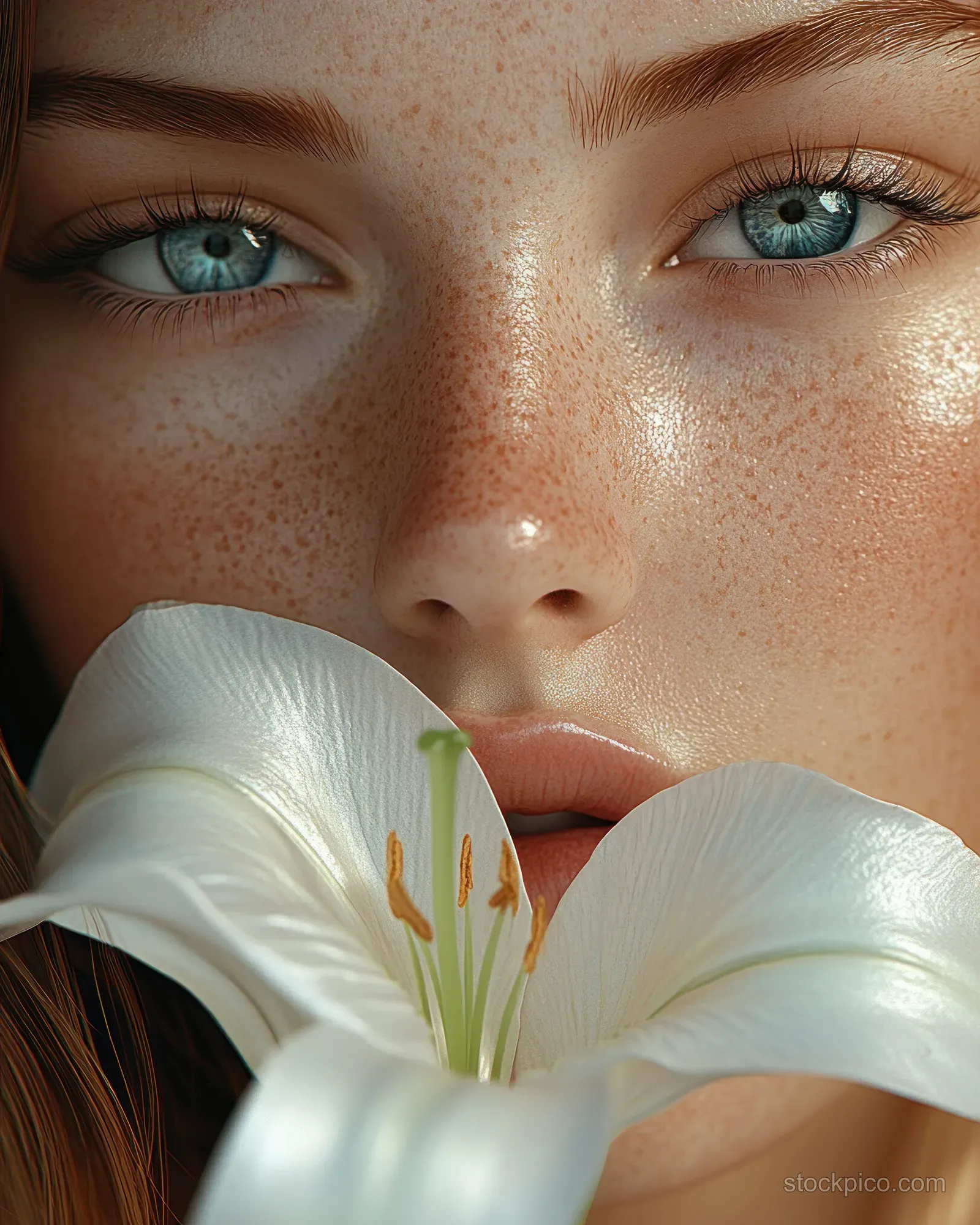 Young woman with blue eyes and freckles holds a white lily near her lips in soft natural light.