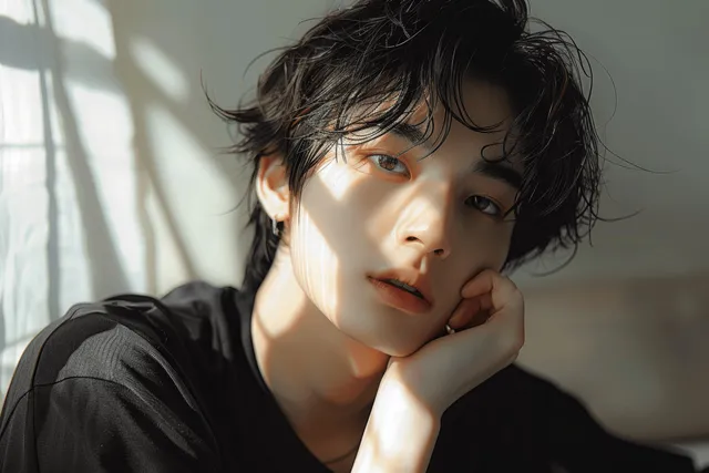 Japanese male idol in black shirt resting cheek on hand against soft window light