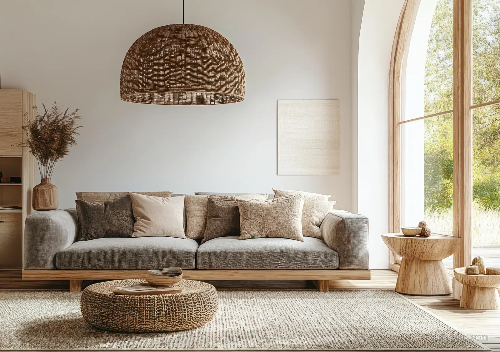 Gray sofa in a Scandinavian living room with rattan pendant lamp, wooden furniture, and daylight from a large window.