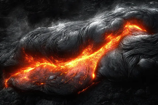 Molten lava glowing orange streams through dark hardened volcanic rock with smoky steam overhead