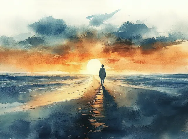 A solitary silhouette walks along a wet beach as sunset clouds reflect in the shoreline sand.