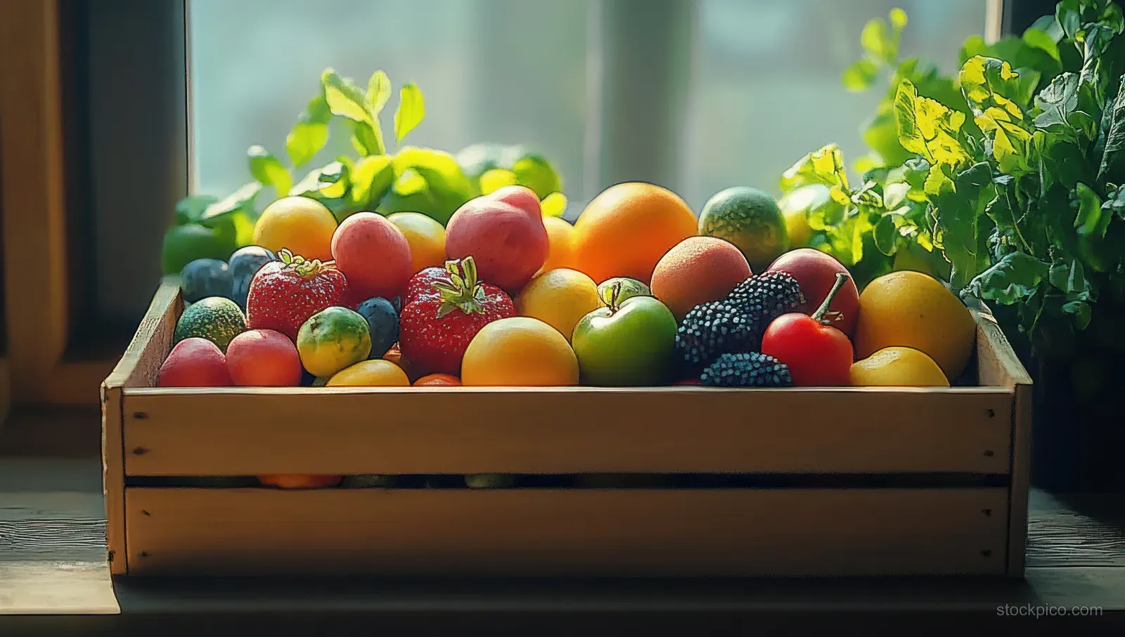 Mixed fresh fruits spill from a wooden crate on a sunlit windowsill beside green leafy plants.