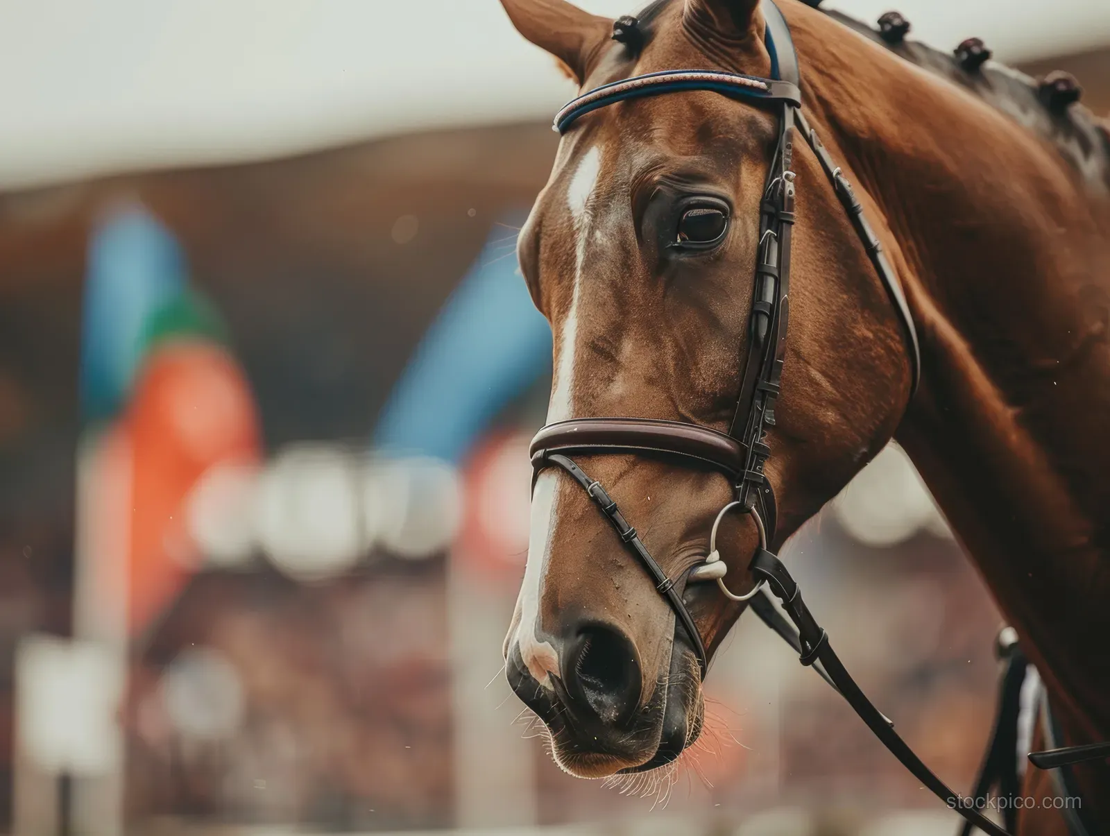 Close-up of a bridled chestnut horse with a rider nearby, facing the camera at an outdoor equestrian event.