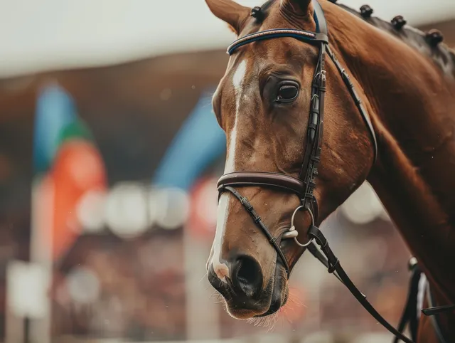 Close-up of a bridled chestnut horse with a rider nearby, facing the camera at an outdoor equestrian event.