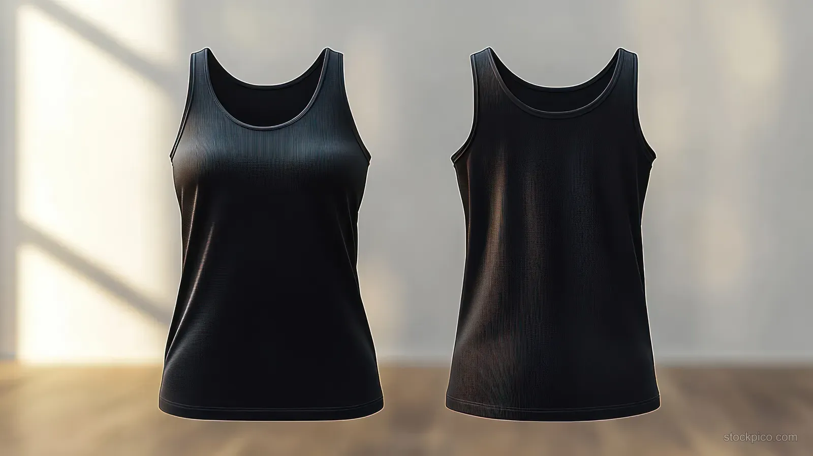 Front and back views of a plain black sleeveless tank top displayed on invisible mannequins on a wooden floor.