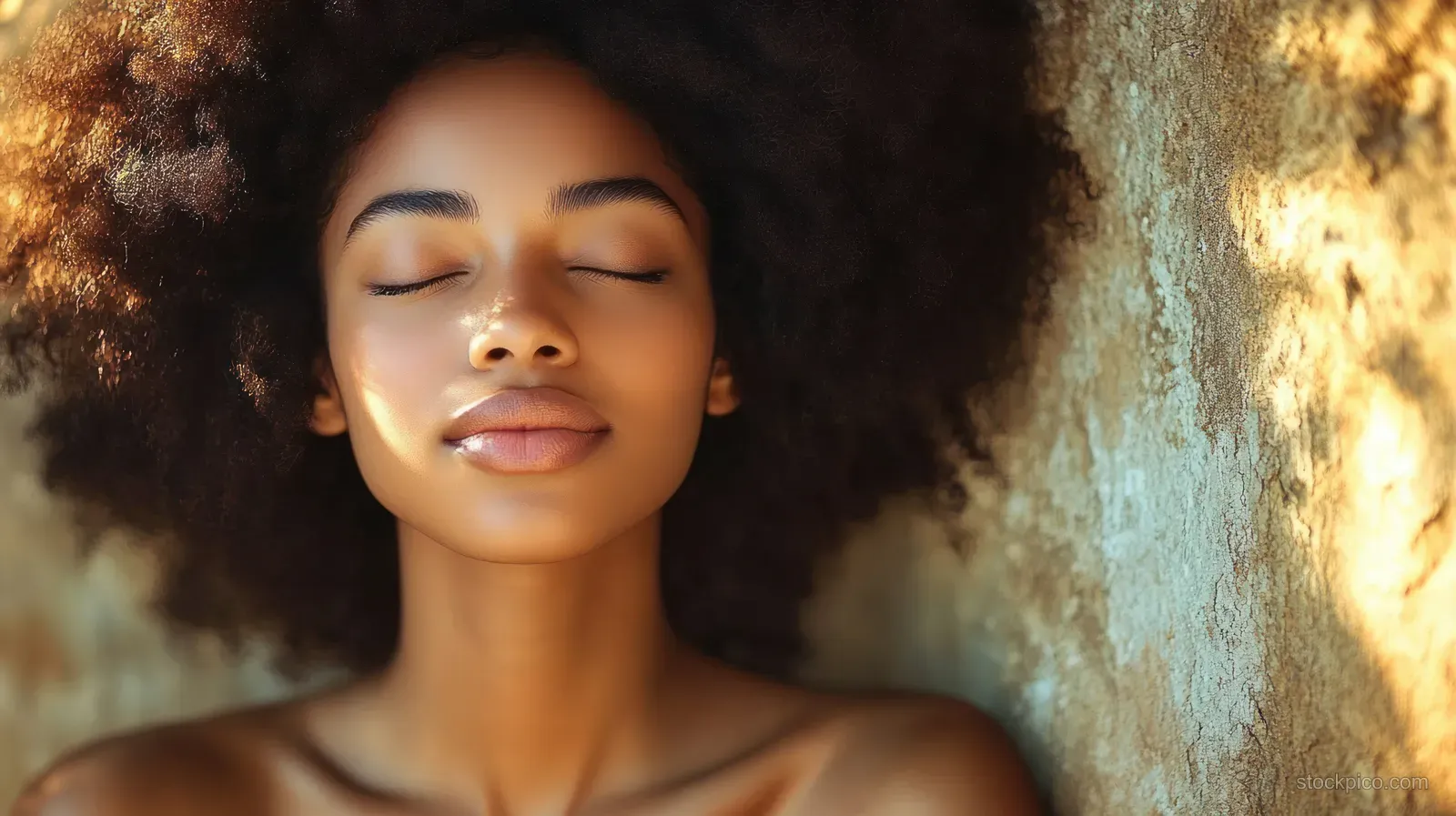 A calm young woman with closed eyes and curly afro hair rests against a textured wall in warm sunlight.