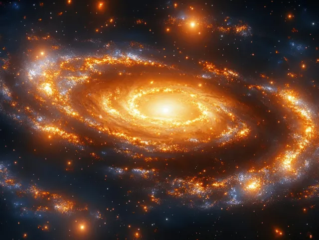 A glowing spiral galaxy with a bright yellow core, dusty spiral arms, and scattered star clusters in deep space.
