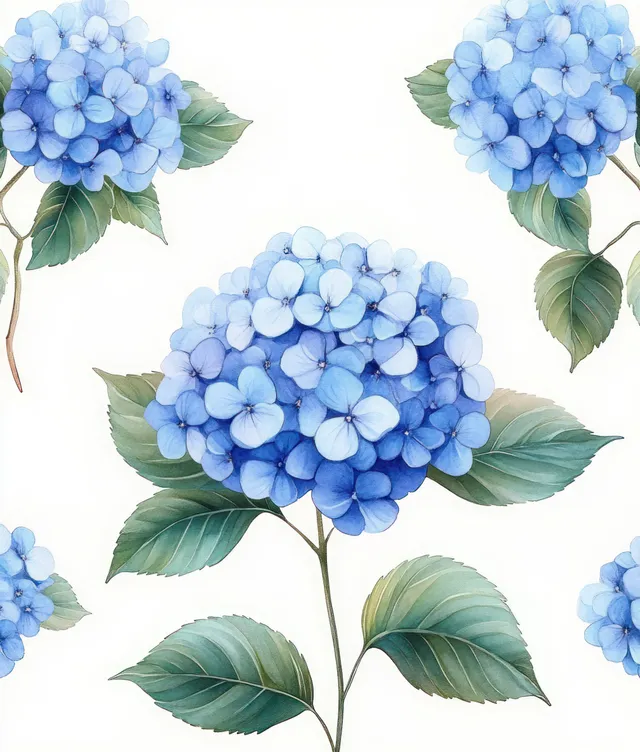 Watercolor blue hydrangea flowers with green leaves arranged as a seamless pattern on a white background.