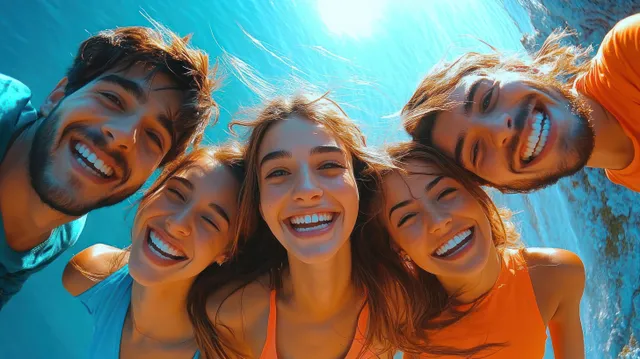 Five young friends smile together underwater as sunlit water ripples surround their faces.