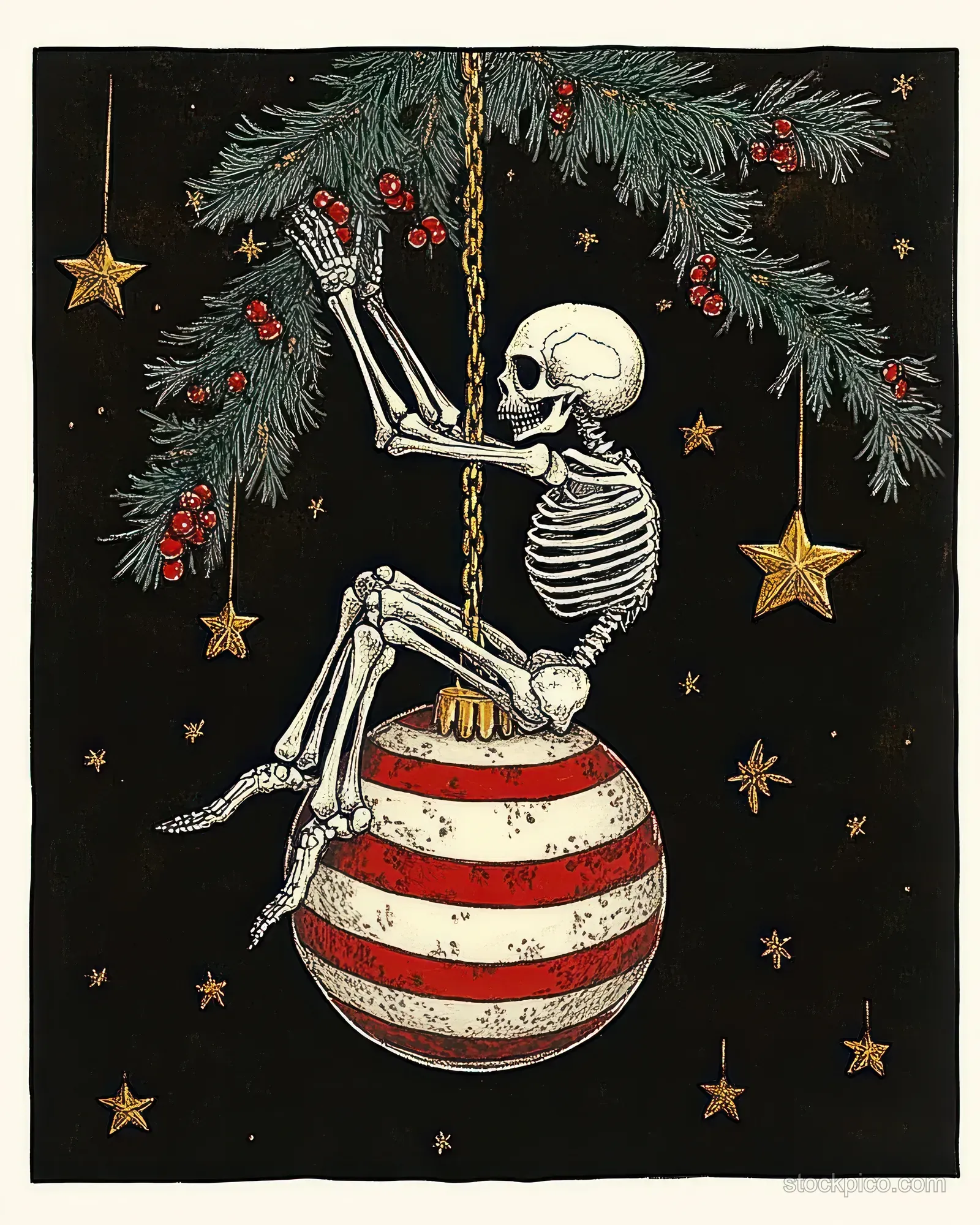 Whimsical skeleton sits on a red-and-white striped ornament ball hanging from a golden chain with evergreen branches, berries, and stars.