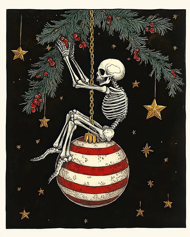 Whimsical skeleton sits on a red-and-white striped ornament ball hanging from a golden chain with evergreen branches, berries, and stars.