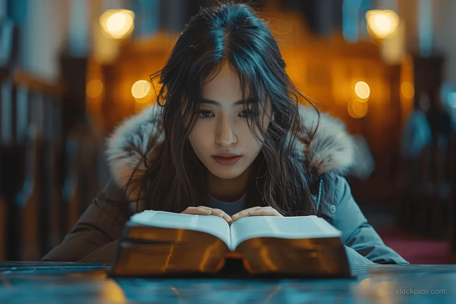 Woman reading an open Bible on a church pew under warm, blurred candle lights.