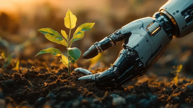 Robot hand planting sapling in soil with warm garden light