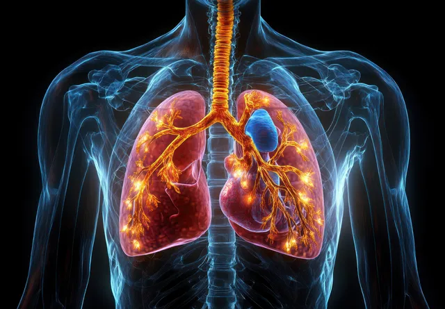 Transparent human torso view showing glowing heart, lungs, and bronchi with visible vessels