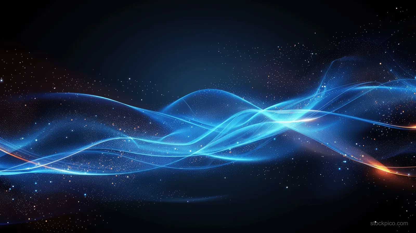Blue neon wave light trails curve across a dark background with a glowing horizon and scattered sparks.