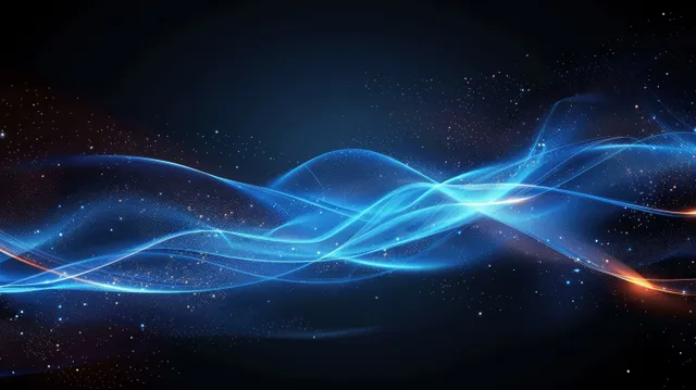 Glowing blue wave light trails ripple across dark space with a neon horizon glow