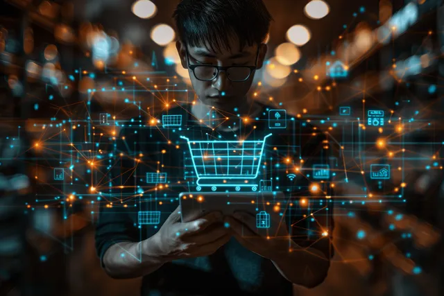 Young man adds items to an online cart on a smartphone amid glowing network