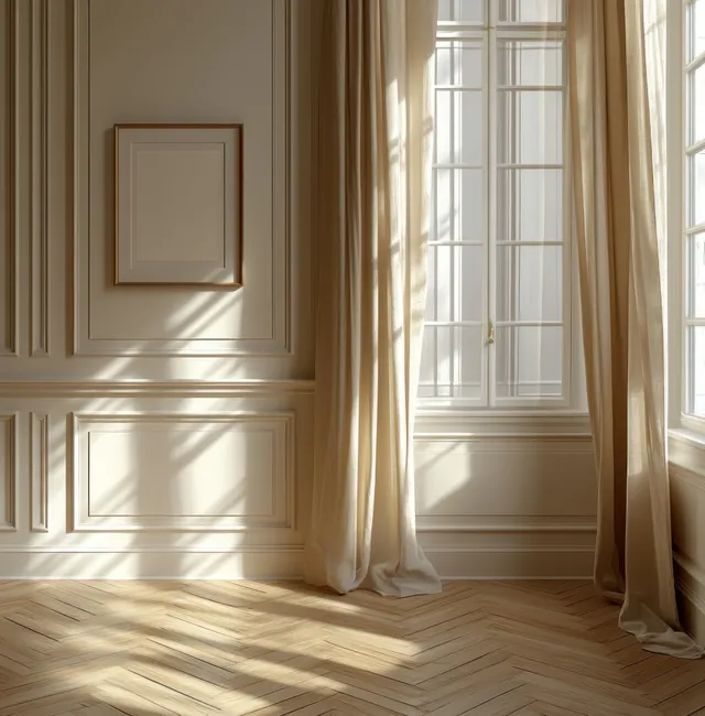 Minimalist wooden picture frame on a wall beside a sunlit herringbone floor with soft curtains.