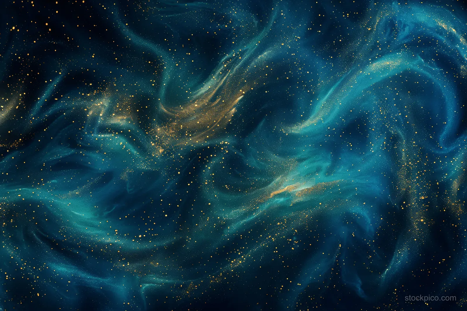 Blue and green nebula swirl background with gold glitter sparks, glowing bokeh, and light trails.