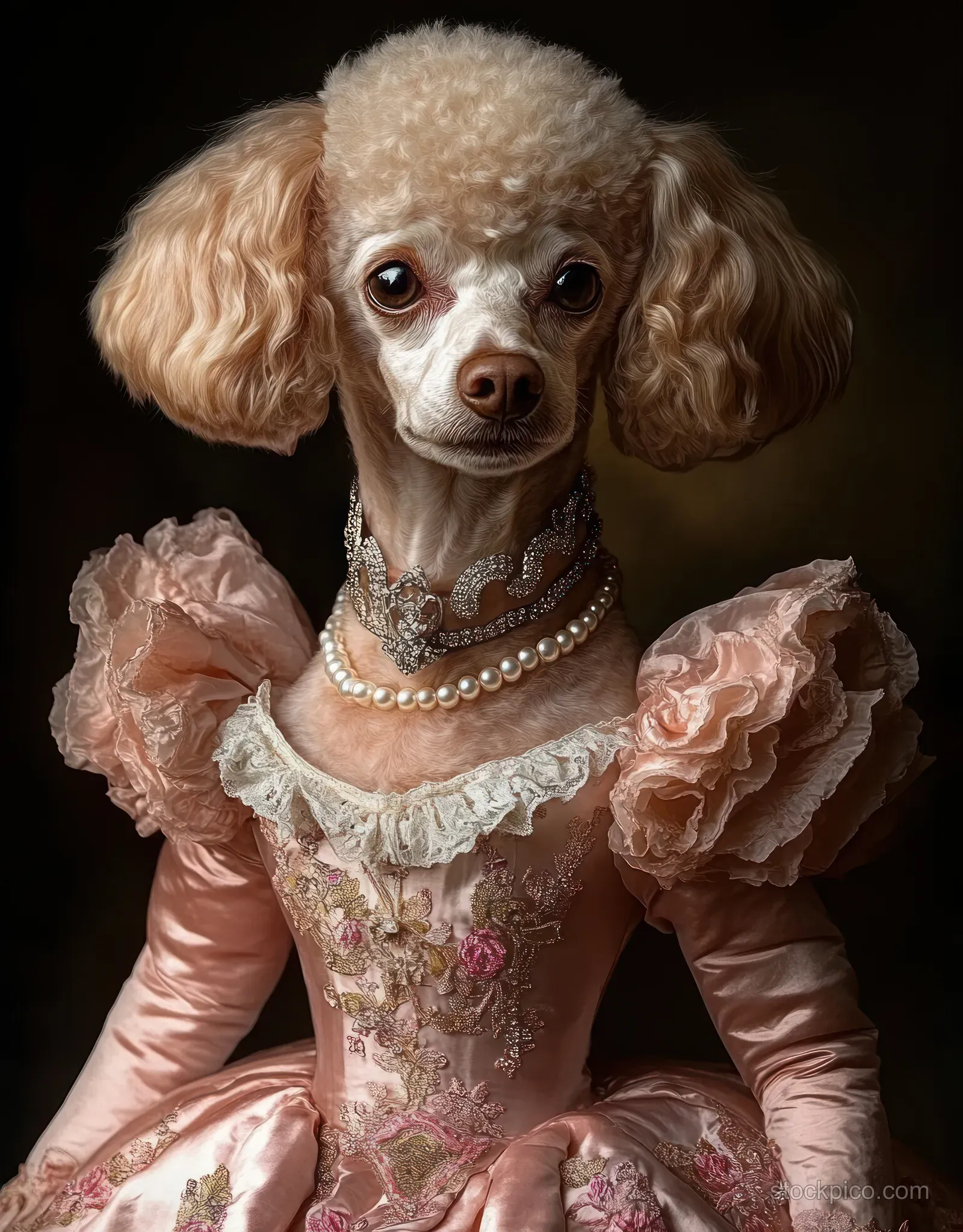 A small poodle in a pink vintage lace gown with pearl jewelry poses against a dark background.