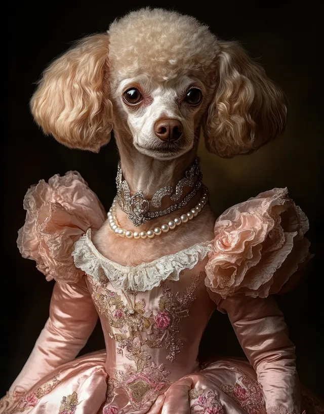 A small poodle in a pink vintage lace gown with pearl jewelry poses against a dark background.