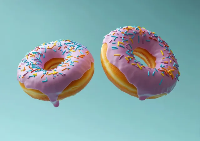Two glazed donuts with pink icing and colorful sprinkles float on a light blue background.