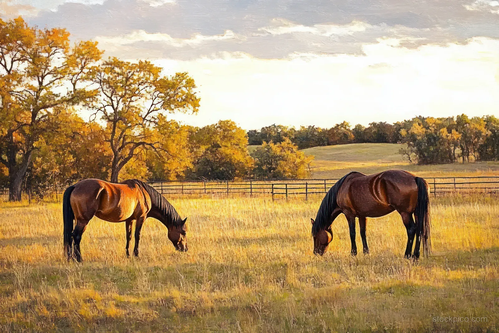 Two brown horses graze in a sunlit autumn field with a tree line and partly cloudy sky in the background.