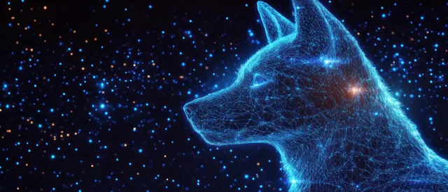 Neon blue wireframe wolf head profile made of glowing network lines surrounded by cosmic particles.