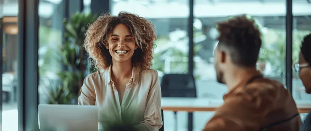 A smiling woman engages in a friendly discussion with colleagues in a modern open office, showcasing teamwork and communication.