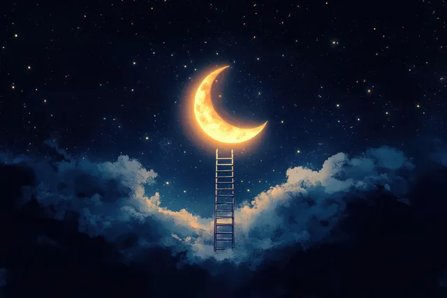 Ladder reaching the glowing moon above clouds in a dreamy starry night illustration