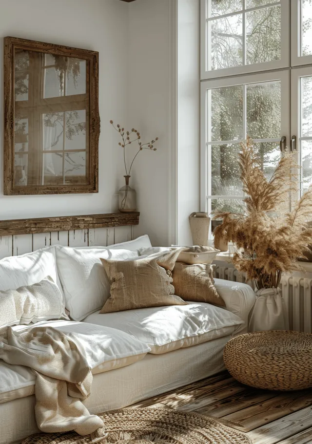 Boho white sofa with blanket and pillows beside a bright window, with an empty picture frame above.
