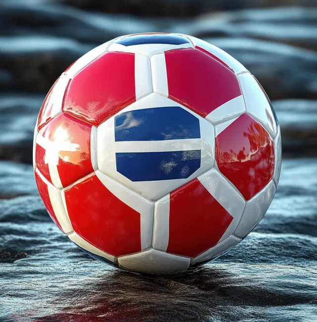 A Danish-flag soccer ball on textured grass with glossy reflections and dramatic lighting.