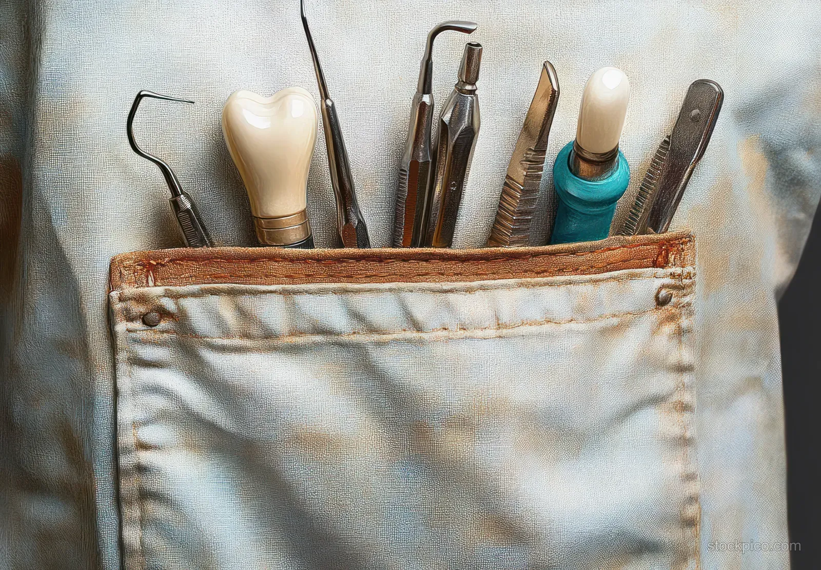 Dental tools including probes and scalers with a tooth model sit inside a worn pocket on light blue fabric.