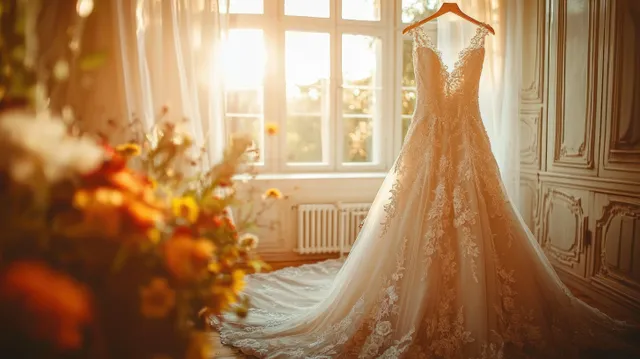 An elegant lace wedding dress hangs from a wooden hanger in a sunlit classic room with floral accents.